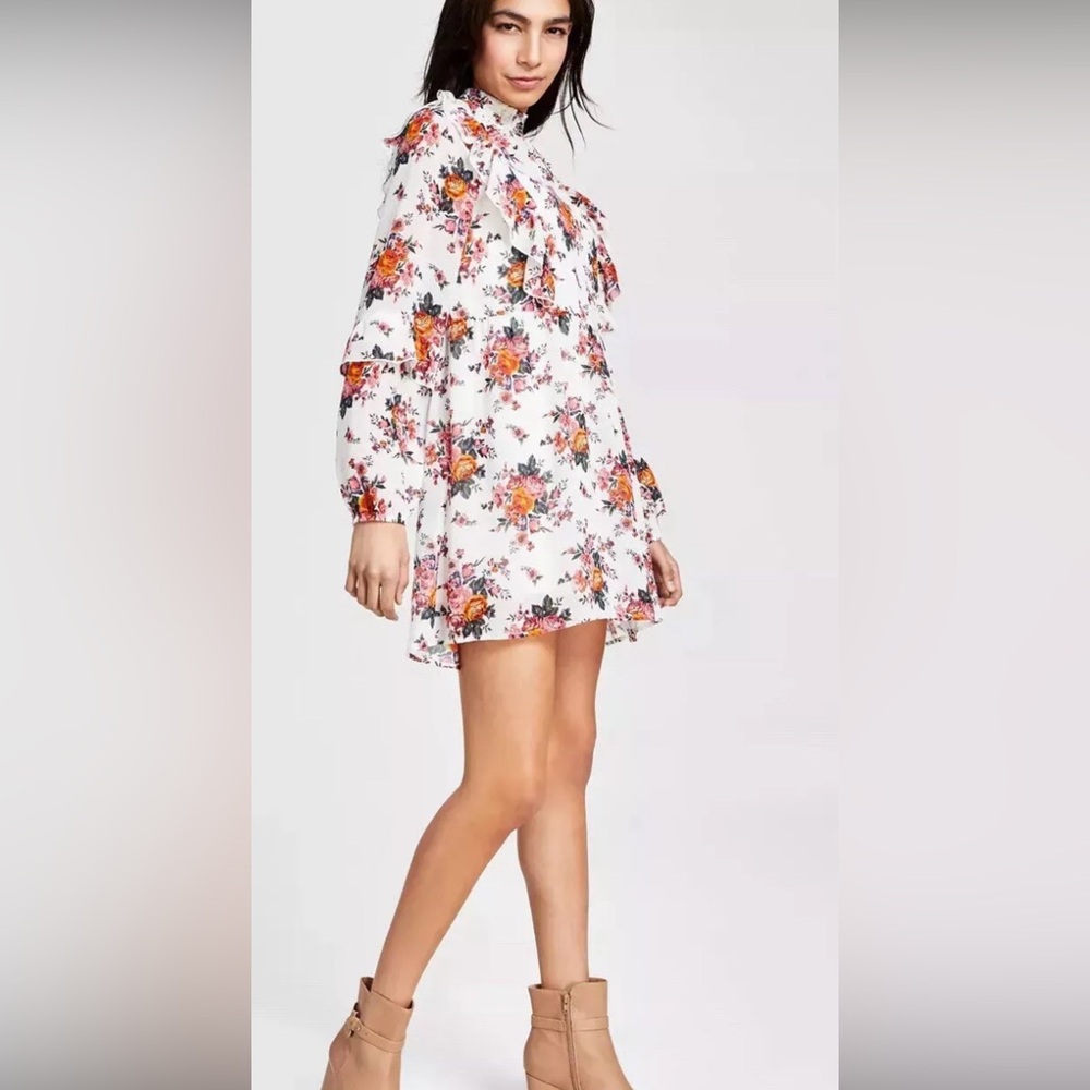 😍Kit & Sky Ruffled Floral-Print High-Neck White Dress Ivory Pink
